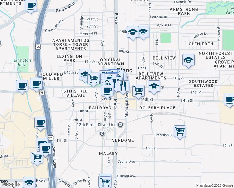 map of restaurants, bars, coffee shops, grocery stores, and more near 1410 K Avenue in Plano