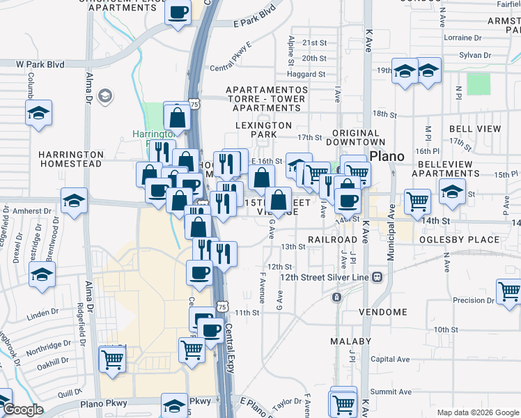 map of restaurants, bars, coffee shops, grocery stores, and more near 700 East 15th Street in Plano