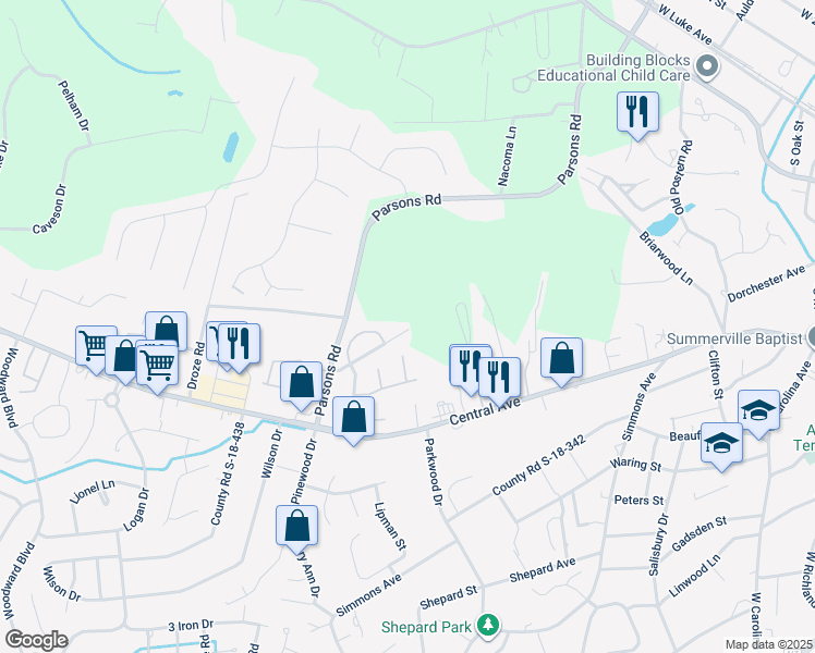 map of restaurants, bars, coffee shops, grocery stores, and more near 121 Canvasback Drive in Summerville