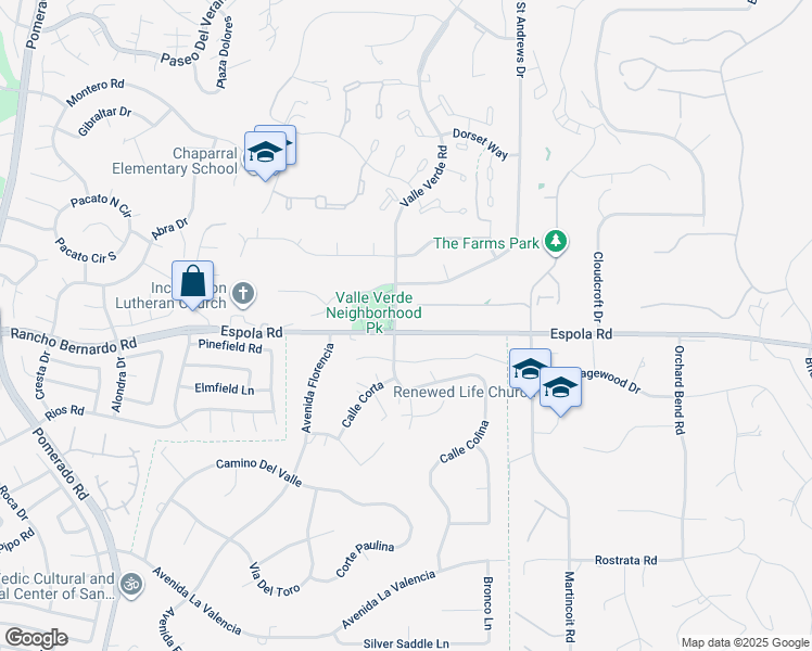 map of restaurants, bars, coffee shops, grocery stores, and more near 16911 Valle Verde Road in Poway