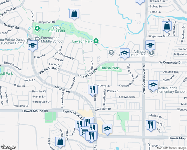 map of restaurants, bars, coffee shops, grocery stores, and more near 2508 Brighton Drive in Flower Mound