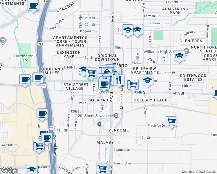 map of restaurants, bars, coffee shops, grocery stores, and more near 1009 14th Street in Plano