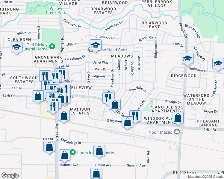 map of restaurants, bars, coffee shops, grocery stores, and more near 2908 Meadows Drive in Plano