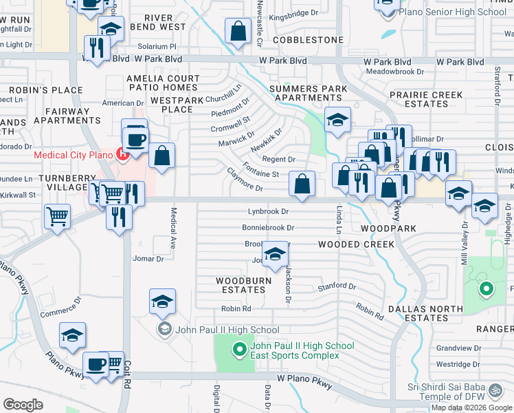 map of restaurants, bars, coffee shops, grocery stores, and more near 3420 Claymore Drive in Plano