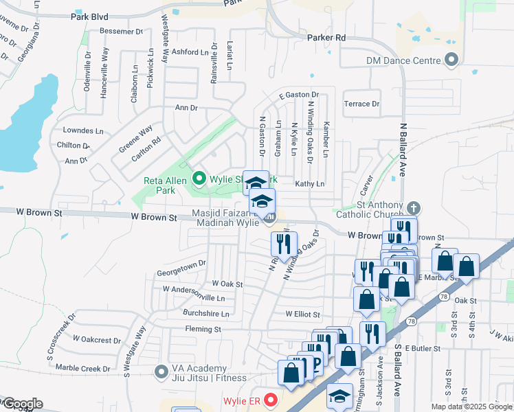 map of restaurants, bars, coffee shops, grocery stores, and more near 700 West Brown Street in Wylie
