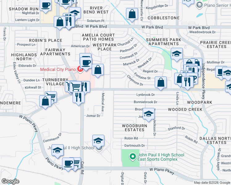 map of restaurants, bars, coffee shops, grocery stores, and more near 3613 Lynbrook Drive in Plano