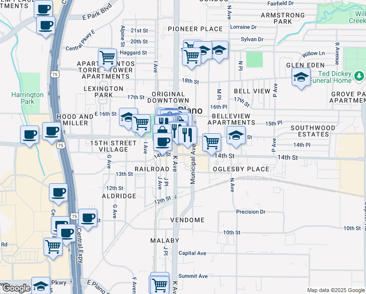 map of restaurants, bars, coffee shops, grocery stores, and more near Vontress Street in Plano