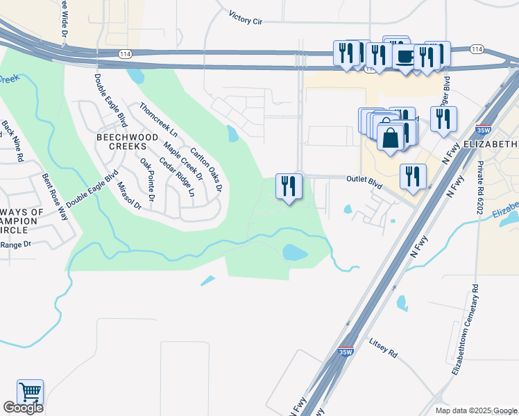 map of restaurants, bars, coffee shops, grocery stores, and more near 15801 Championship Parkway in Fort Worth