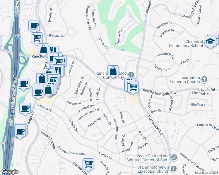 map of restaurants, bars, coffee shops, grocery stores, and more near 12320 Santiago Road West in San Diego