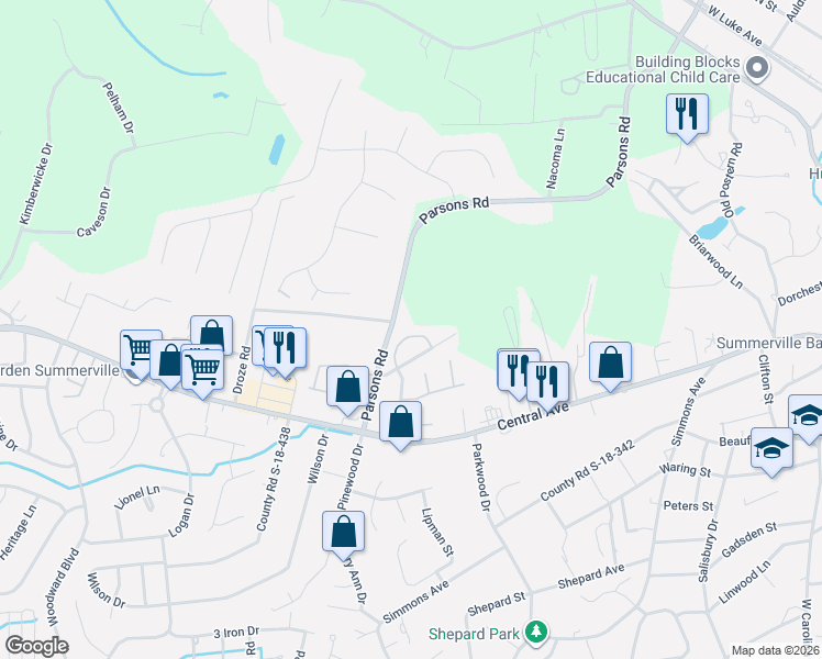 map of restaurants, bars, coffee shops, grocery stores, and more near 125 Woodduck Drive in Summerville