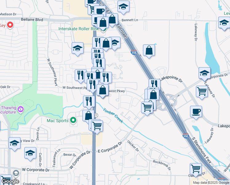 map of restaurants, bars, coffee shops, grocery stores, and more near 247 East Southwest Parkway in Lewisville