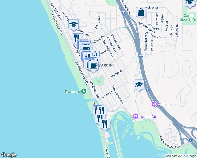 map of restaurants, bars, coffee shops, grocery stores, and more near 2149 Orinda Drive in Encinitas