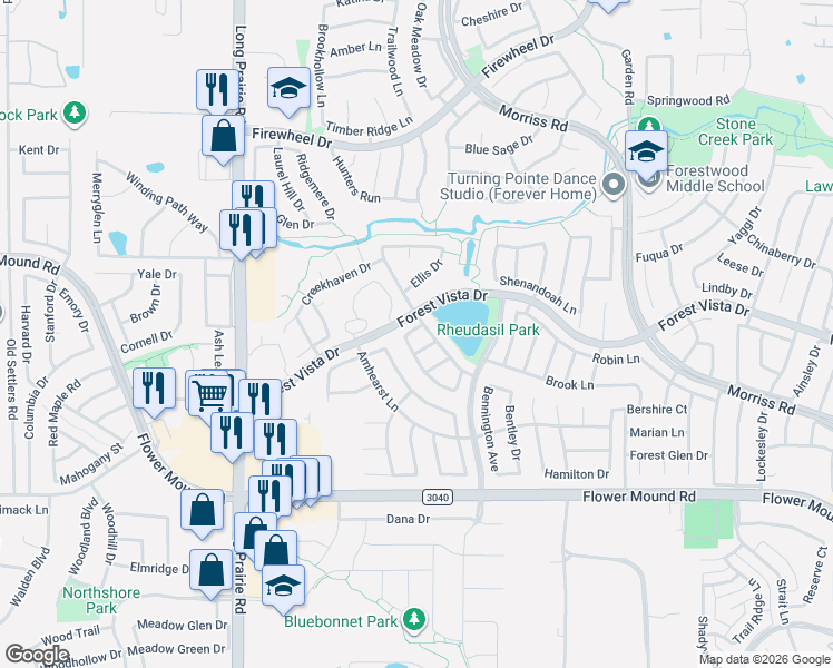map of restaurants, bars, coffee shops, grocery stores, and more near 2328 Lakeshore Drive in Flower Mound