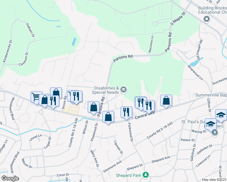 map of restaurants, bars, coffee shops, grocery stores, and more near 125 Woodduck Drive in Summerville