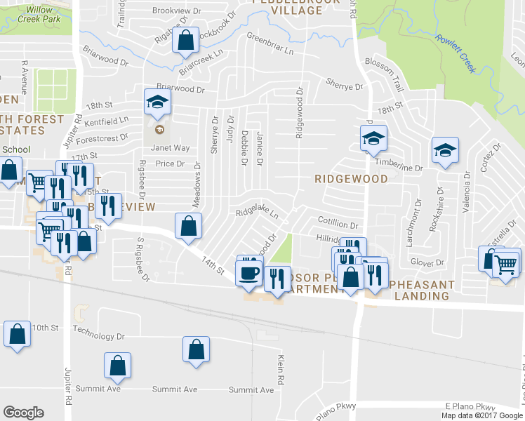 map of restaurants, bars, coffee shops, grocery stores, and more near 3301 Ridgelake Lane in Plano