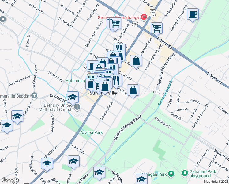 map of restaurants, bars, coffee shops, grocery stores, and more near 112 South Magnolia Street in Summerville