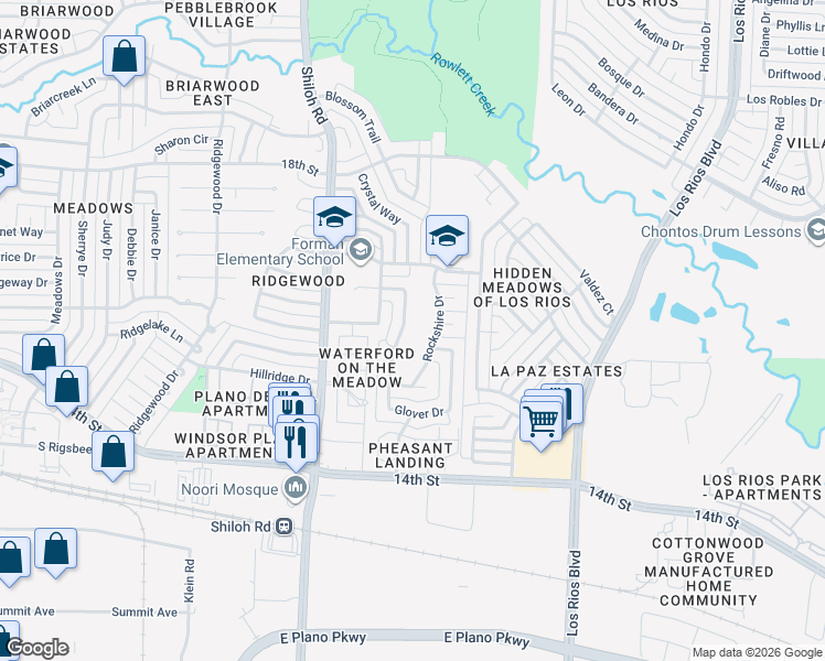 map of restaurants, bars, coffee shops, grocery stores, and more near 1505 Rockshire Drive in Plano