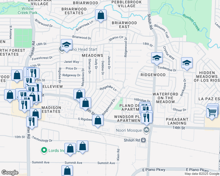 map of restaurants, bars, coffee shops, grocery stores, and more near 3301 Ridgelake Lane in Plano