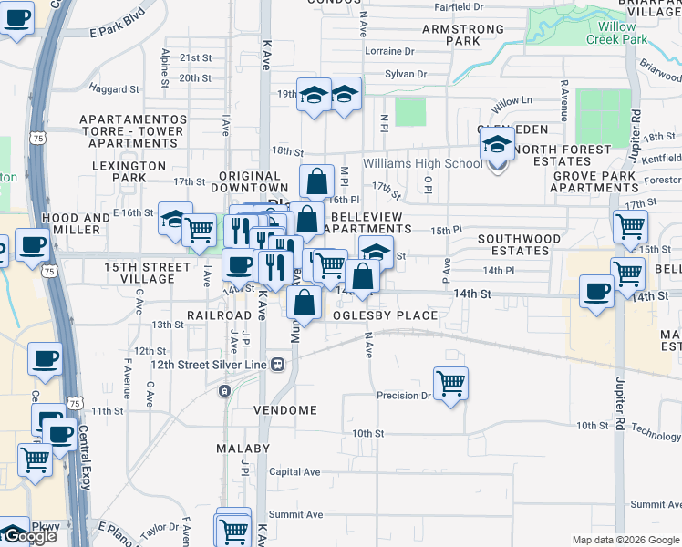 map of restaurants, bars, coffee shops, grocery stores, and more near 1300 East 15th Street in Plano