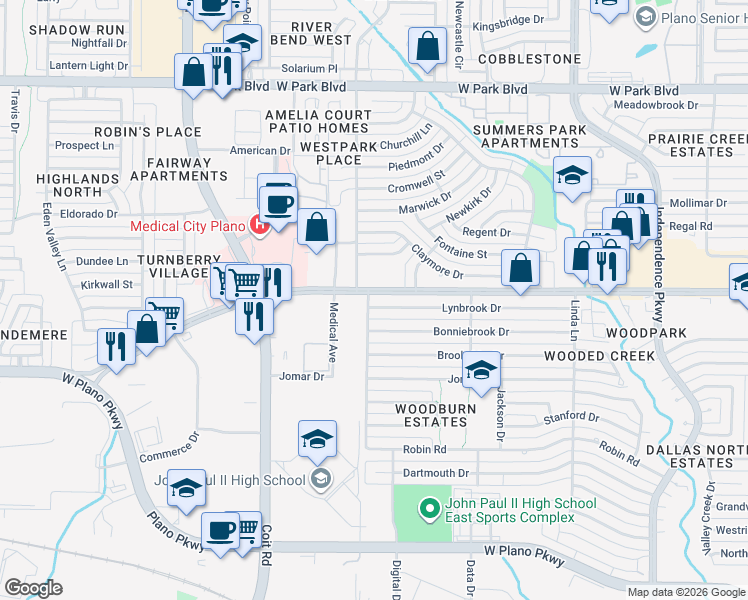 map of restaurants, bars, coffee shops, grocery stores, and more near 3613 Lynbrook Drive in Plano