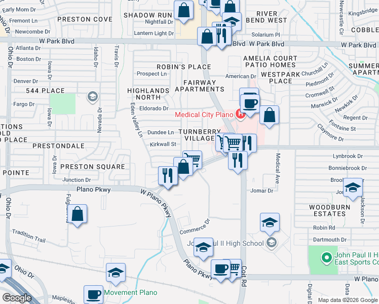 map of restaurants, bars, coffee shops, grocery stores, and more near 1416 Commerce Drive in Plano