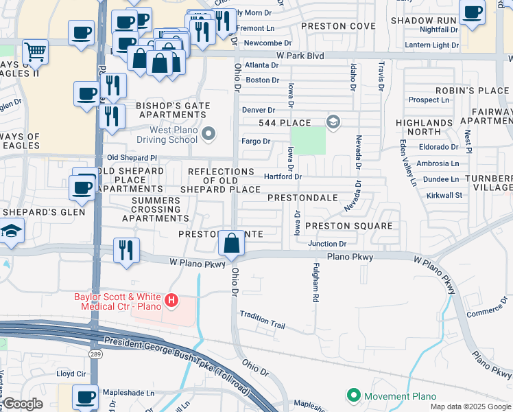 map of restaurants, bars, coffee shops, grocery stores, and more near 4544 Jenning Drive in Plano