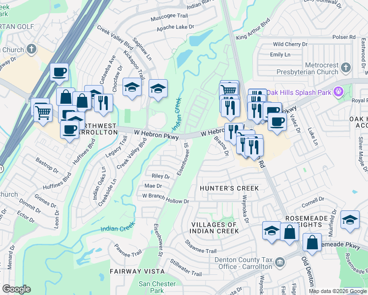 map of restaurants, bars, coffee shops, grocery stores, and more near 1133 West Hebron Parkway in Carrollton