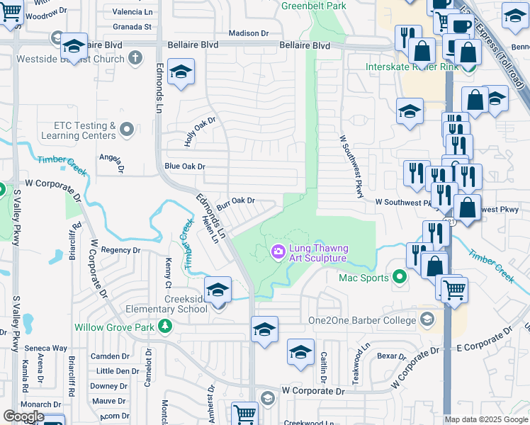 map of restaurants, bars, coffee shops, grocery stores, and more near 703 Burr Oak Drive in Lewisville