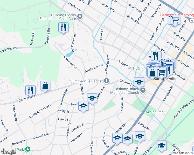 map of restaurants, bars, coffee shops, grocery stores, and more near 516 Central Avenue in Summerville