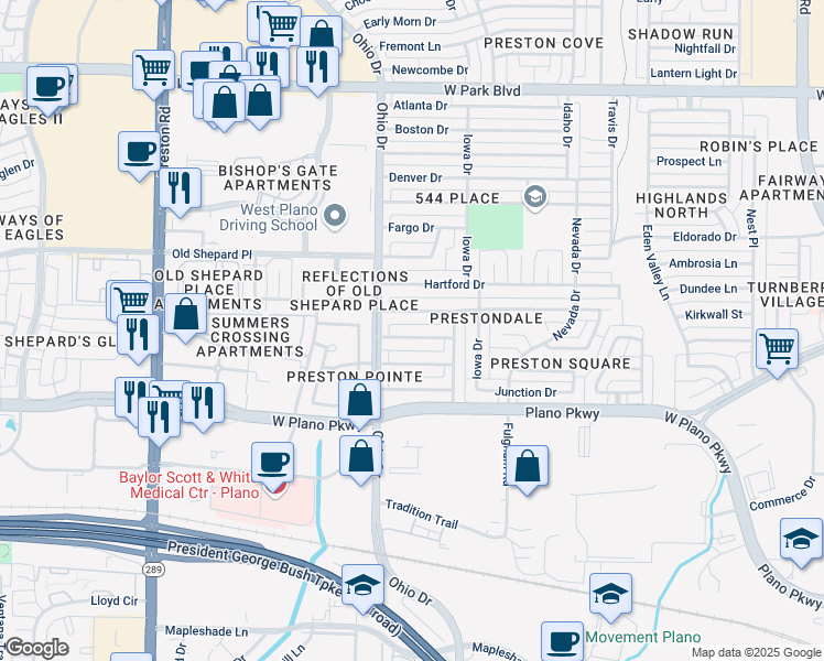 map of restaurants, bars, coffee shops, grocery stores, and more near 4544 Jenning Drive in Plano