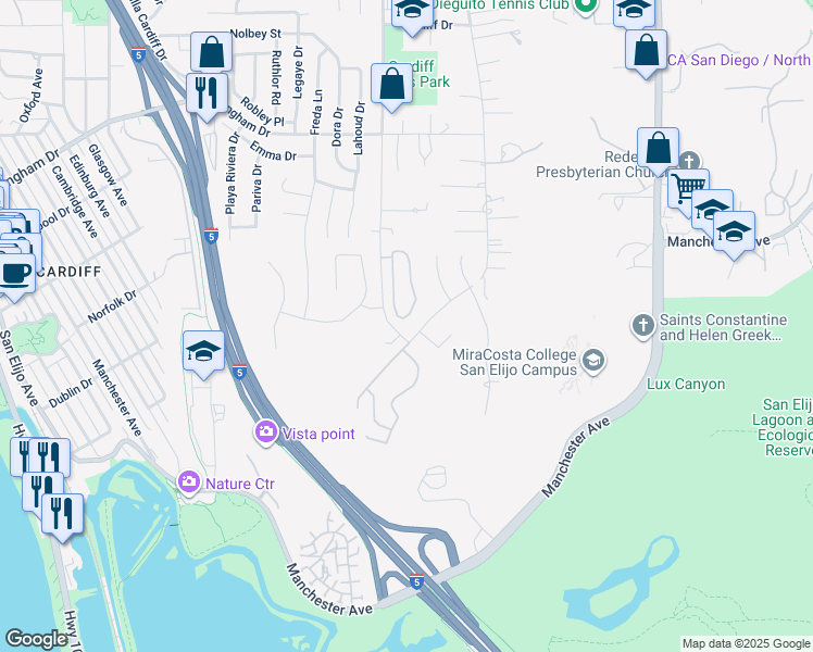 map of restaurants, bars, coffee shops, grocery stores, and more near 2108 Sea Village Circle in Encinitas
