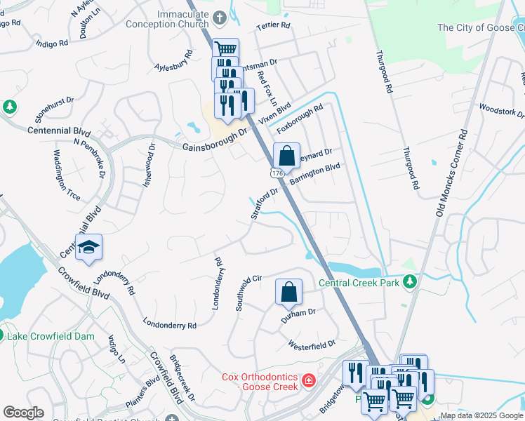 map of restaurants, bars, coffee shops, grocery stores, and more near 105 Abbey Lane in Goose Creek