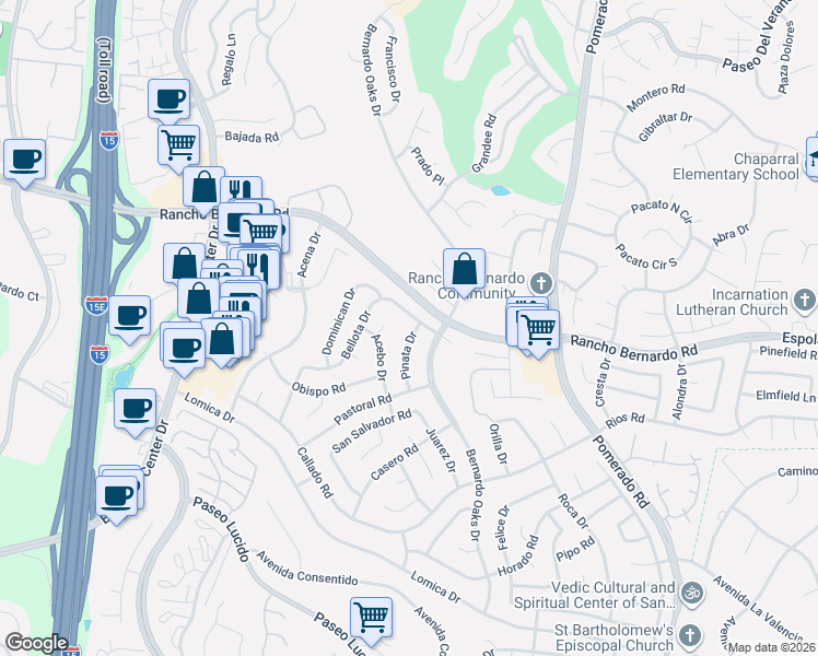 map of restaurants, bars, coffee shops, grocery stores, and more near 12145 Santiago Road East in San Diego