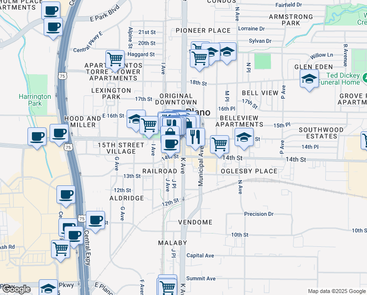 map of restaurants, bars, coffee shops, grocery stores, and more near 1412 K Avenue in Plano