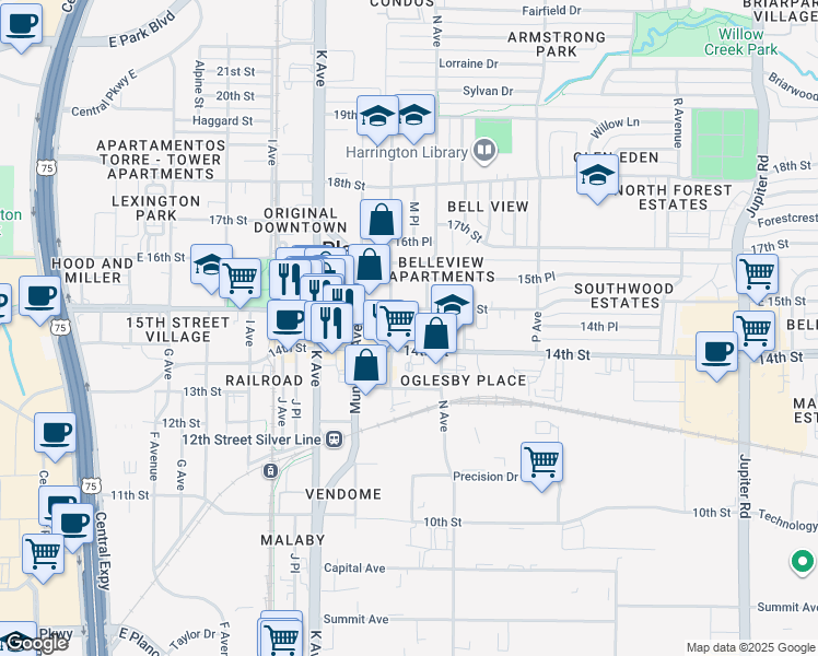 map of restaurants, bars, coffee shops, grocery stores, and more near 1300 East 15th Street in Plano