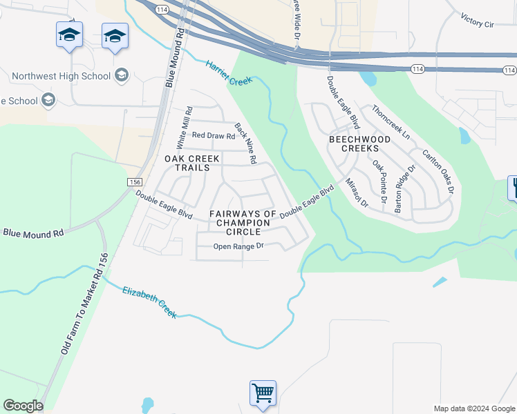 map of restaurants, bars, coffee shops, grocery stores, and more near 2513 Maple Stream Drive in Fort Worth