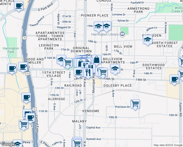 map of restaurants, bars, coffee shops, grocery stores, and more near 1465 Municipal Avenue in Plano