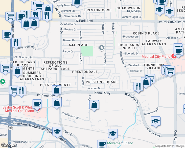 map of restaurants, bars, coffee shops, grocery stores, and more near 4436 Jenning Drive in Plano