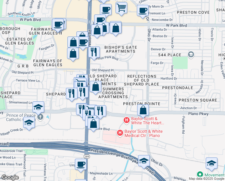 map of restaurants, bars, coffee shops, grocery stores, and more near 1501 Parliament Lane in Plano