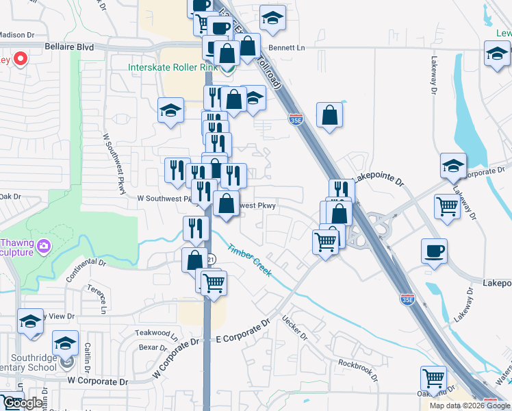 map of restaurants, bars, coffee shops, grocery stores, and more near 247 East Southwest Parkway in Lewisville