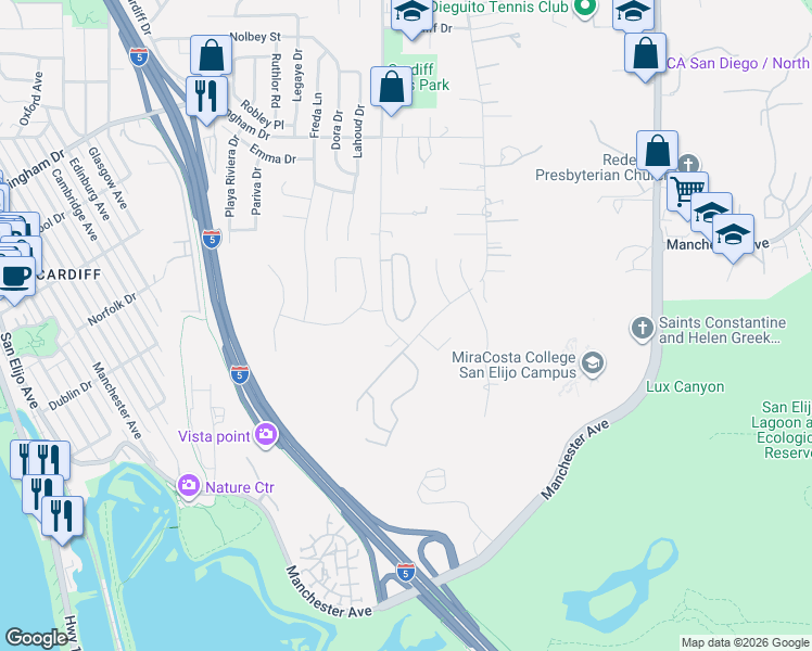map of restaurants, bars, coffee shops, grocery stores, and more near 2108 Sea Village Circle in Encinitas