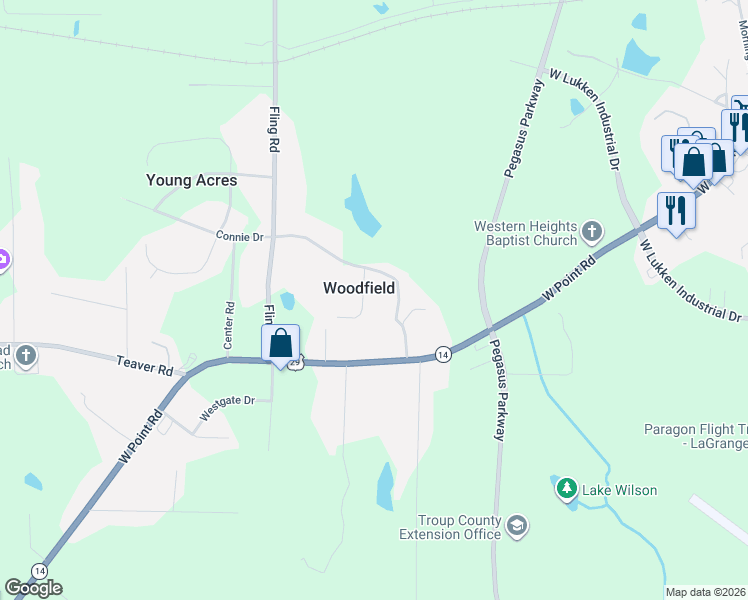 map of restaurants, bars, coffee shops, grocery stores, and more near 25 Horace Carter Road in LaGrange