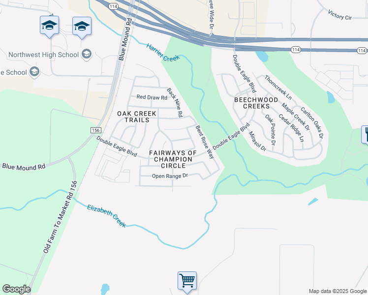map of restaurants, bars, coffee shops, grocery stores, and more near 2513 Maple Stream Drive in Fort Worth