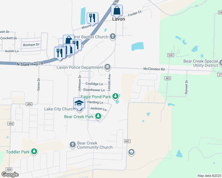 map of restaurants, bars, coffee shops, grocery stores, and more near 630 Lincoln Avenue in Lavon