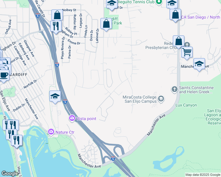 map of restaurants, bars, coffee shops, grocery stores, and more near 2108 Sea Village Circle in Encinitas