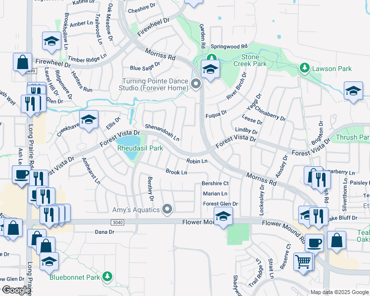 map of restaurants, bars, coffee shops, grocery stores, and more near 2504 Potomac Drive in Flower Mound