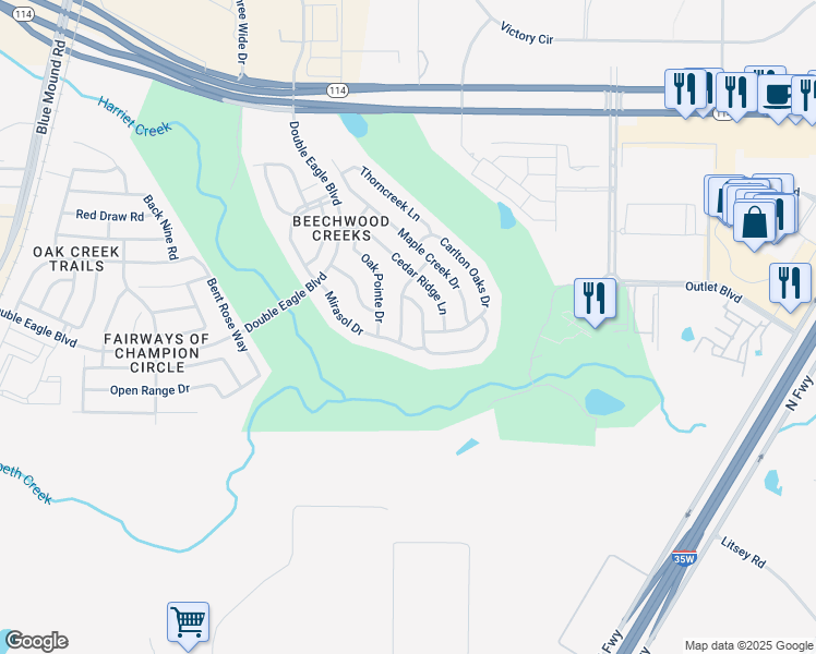 map of restaurants, bars, coffee shops, grocery stores, and more near 15720 Barton Ridge Drive in Fort Worth