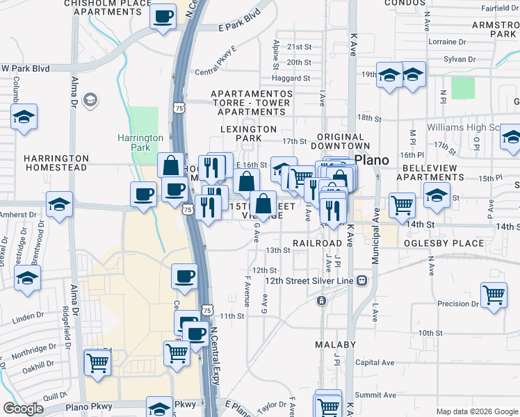 map of restaurants, bars, coffee shops, grocery stores, and more near 800 East 15th Street in Plano