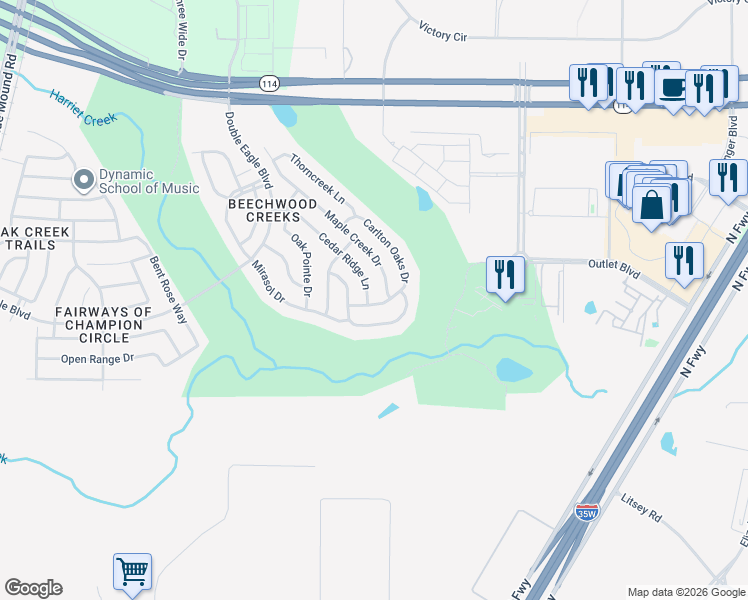 map of restaurants, bars, coffee shops, grocery stores, and more near 2952 Cedar Ridge Lane in Fort Worth