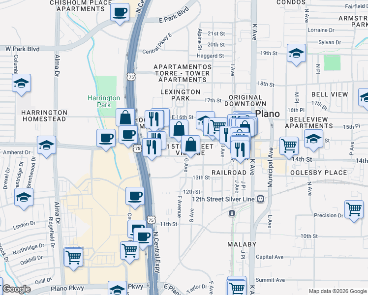 map of restaurants, bars, coffee shops, grocery stores, and more near 800 East 15th Street in Plano